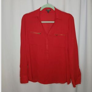 Express Roll Tab Sleeve Blouse Collar Lightweight Chest Pockets Red Womens Med